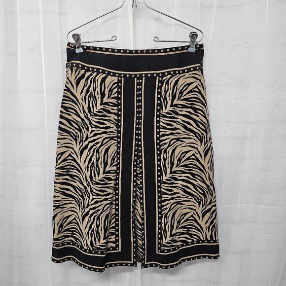 Silkland Tan Black Animal Print Pleated A-Line Skirt Tribal Safari Office 6 - Picture 14 of 14